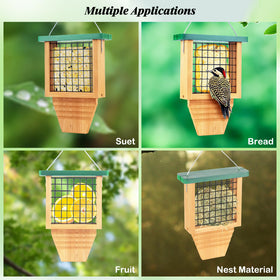 Gbekery feeder supports multiple foods like seed cakes and fruit for birds.