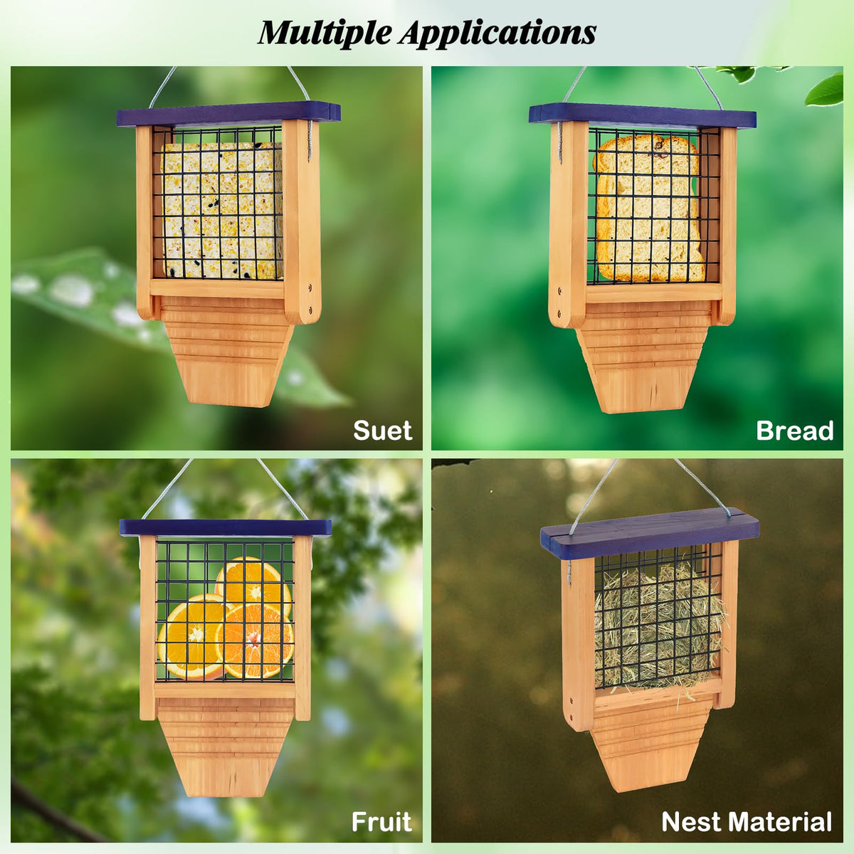 Gbekery feeder accepts suet cakes, seeds, mealworms, fruit, and nesting materials.