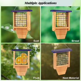 Gbekery feeder accepts suet cakes, seeds, mealworms, fruit, and nesting materials.