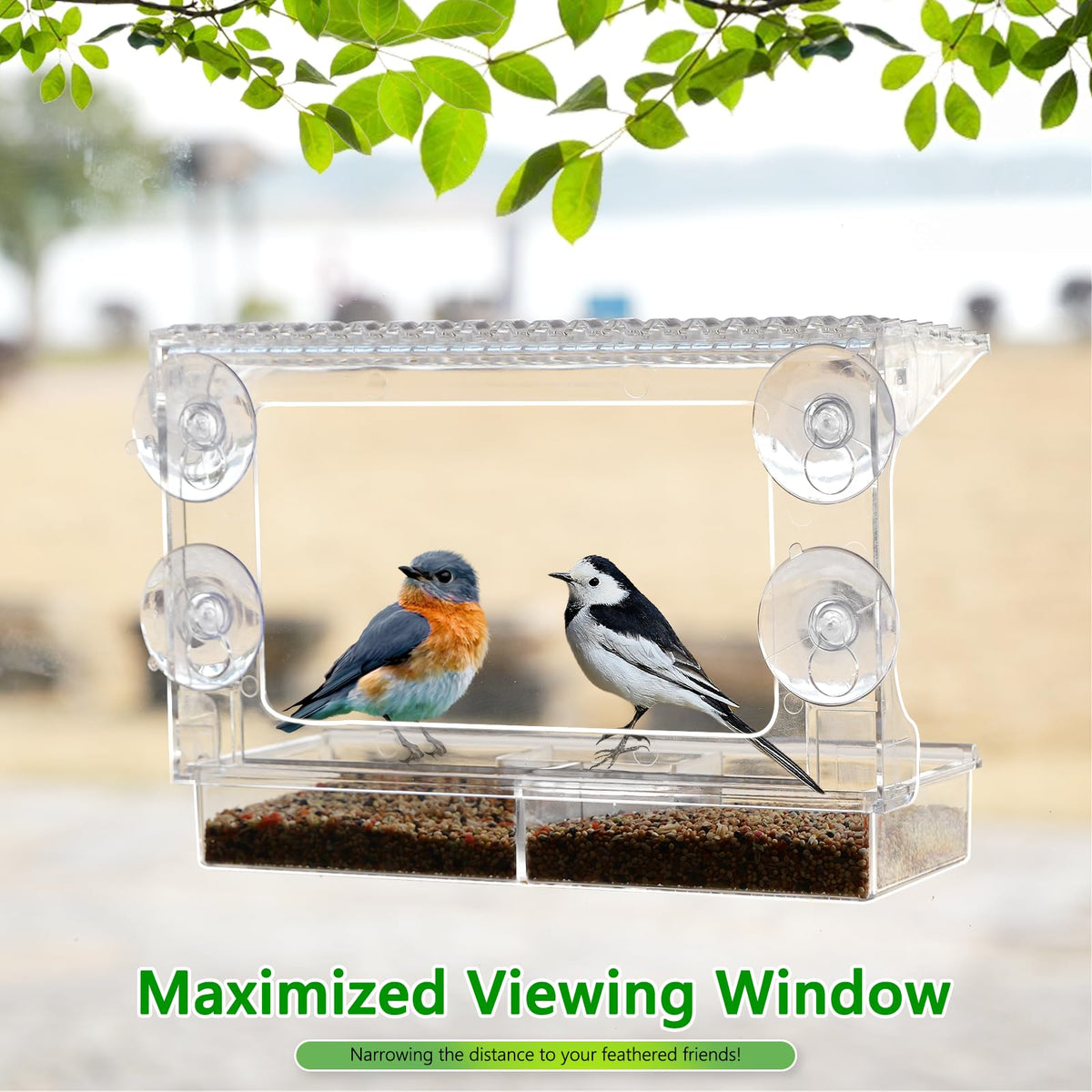 Gbekery window bird feeder removable tray for easy refills and cleaning.