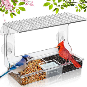Gbekery window bird feeder triple compartments for diverse seeds and water.