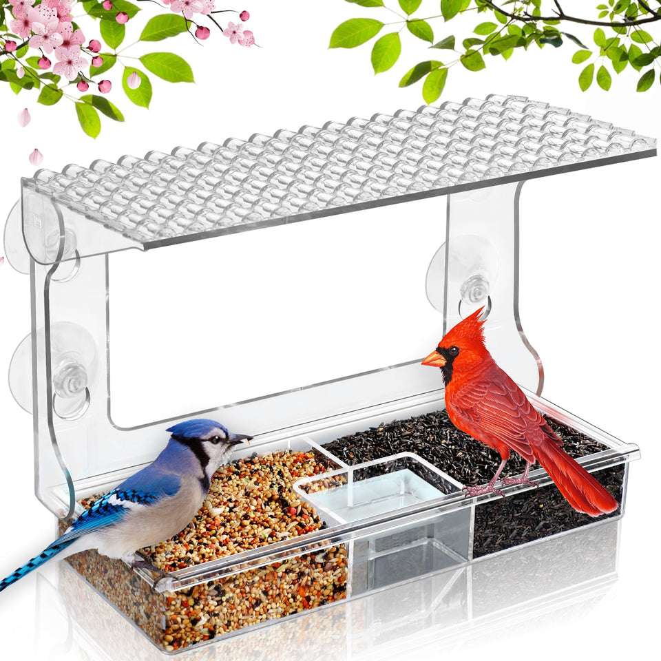 Gbekery window bird feeder triple compartments for diverse seeds and water.