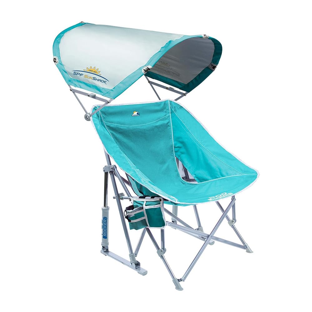 GCI Outdoor Pod Rocker with SunShade offers shaded seating by the water.