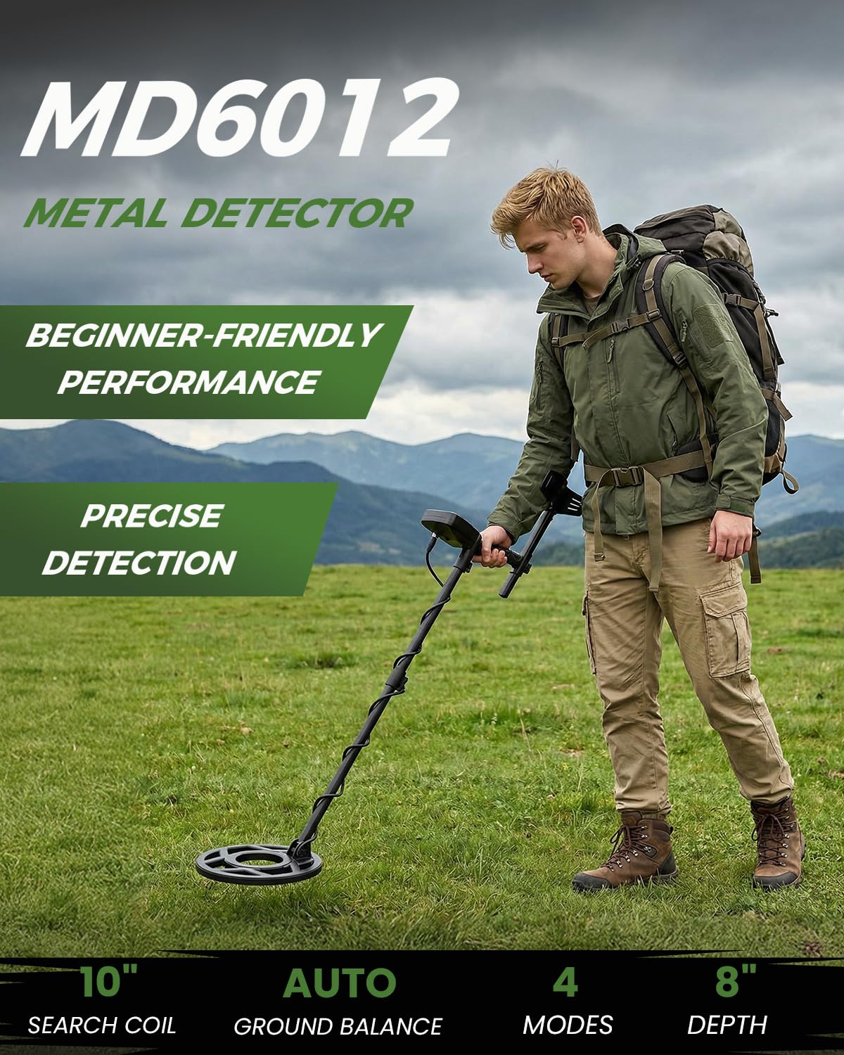 GDDREAM metal detector with 10-inch coil for deeper target detection and broader coverage