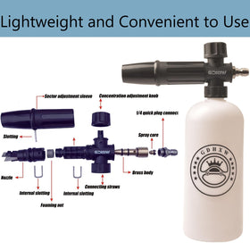 GDHXW nylon foam cannon delivers dense foam for effective pre-wash.