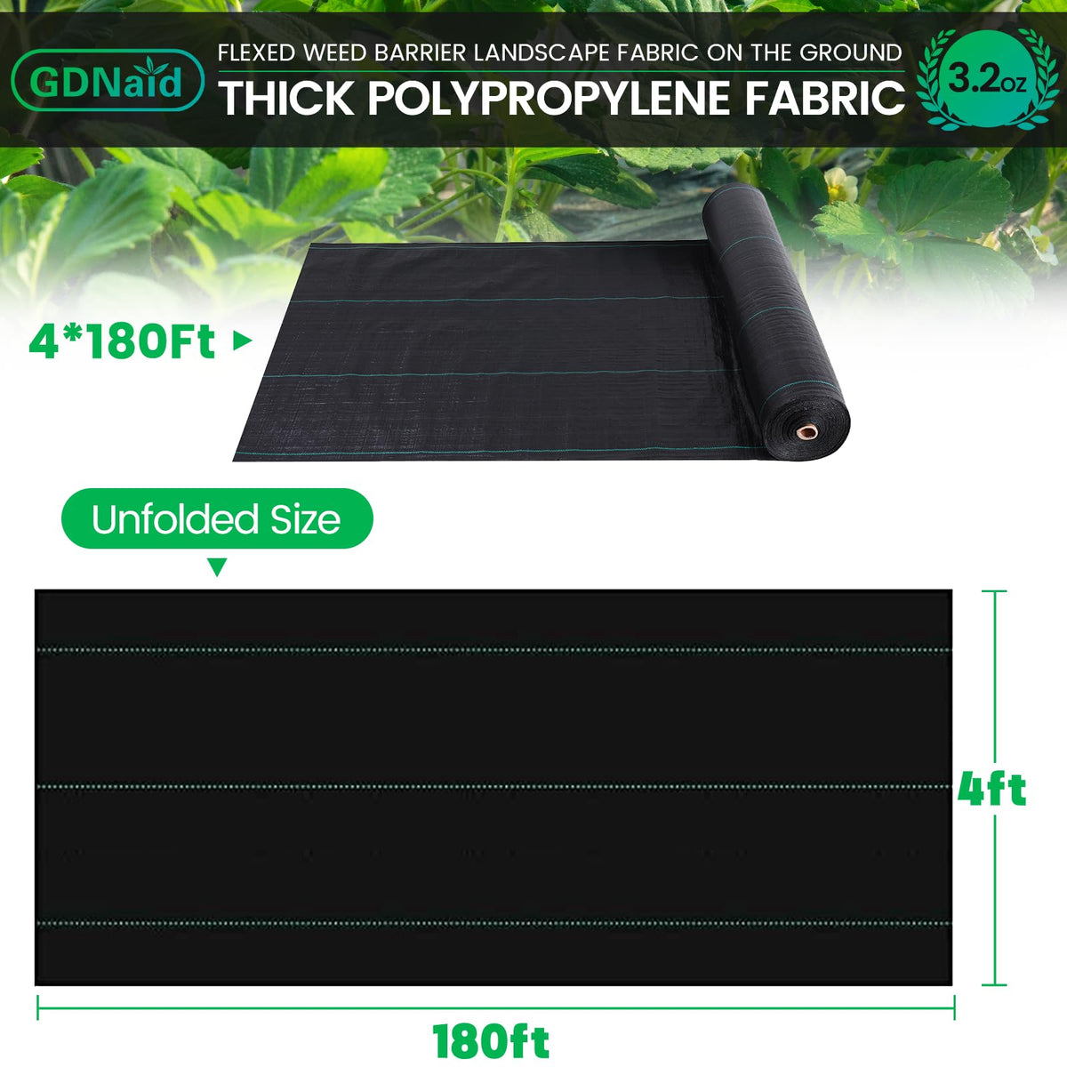 GDNaid weed barrier shows green stripes for easy plant alignment