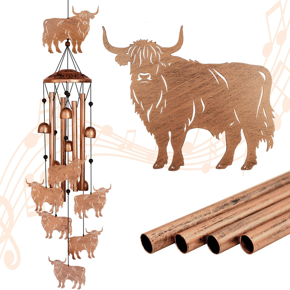 GDNSFIT Highland Cow Wind Chime outdoors with striking garden centerpiece
