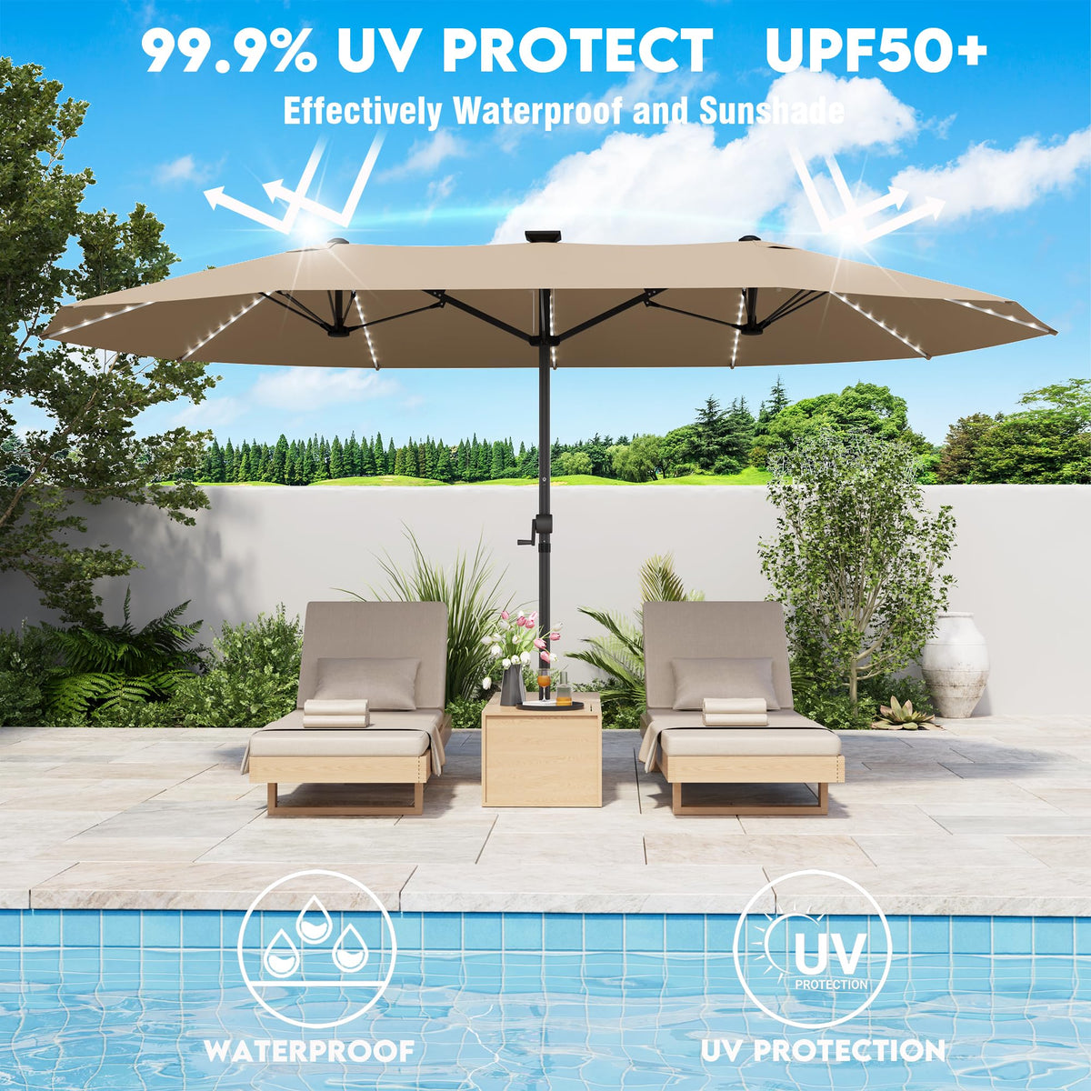 GDPFN 15FT patio umbrella near poolside, ideal for sunny days outdoors