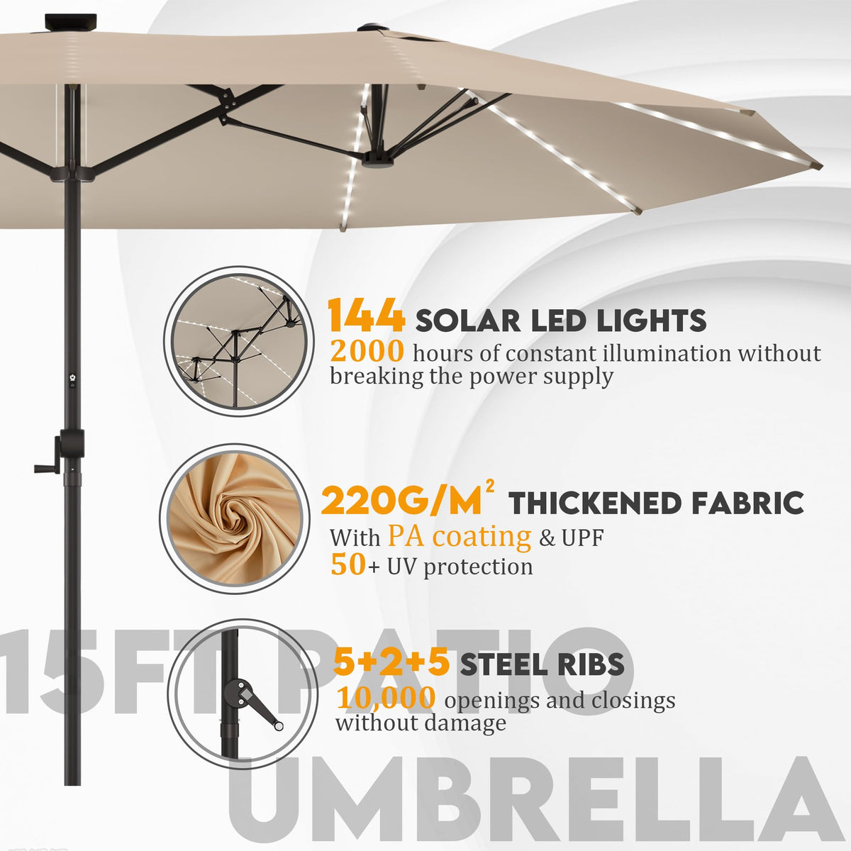 GDPFN 15FT patio umbrella powder-coated ribs for durable outdoor use