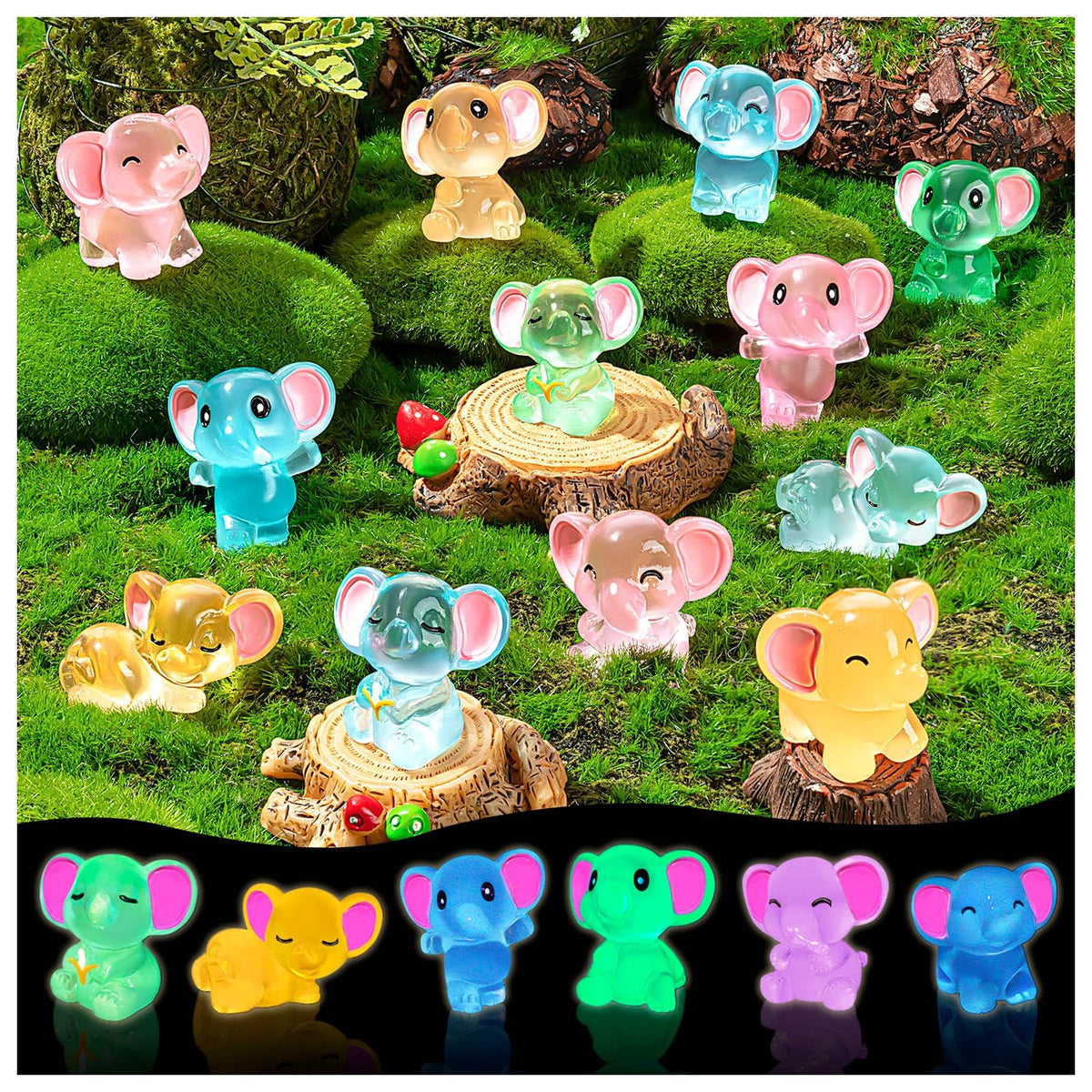 GDZRDFLH 24-piece glow-in-the-dark mini resin elephant figures for garden decor.