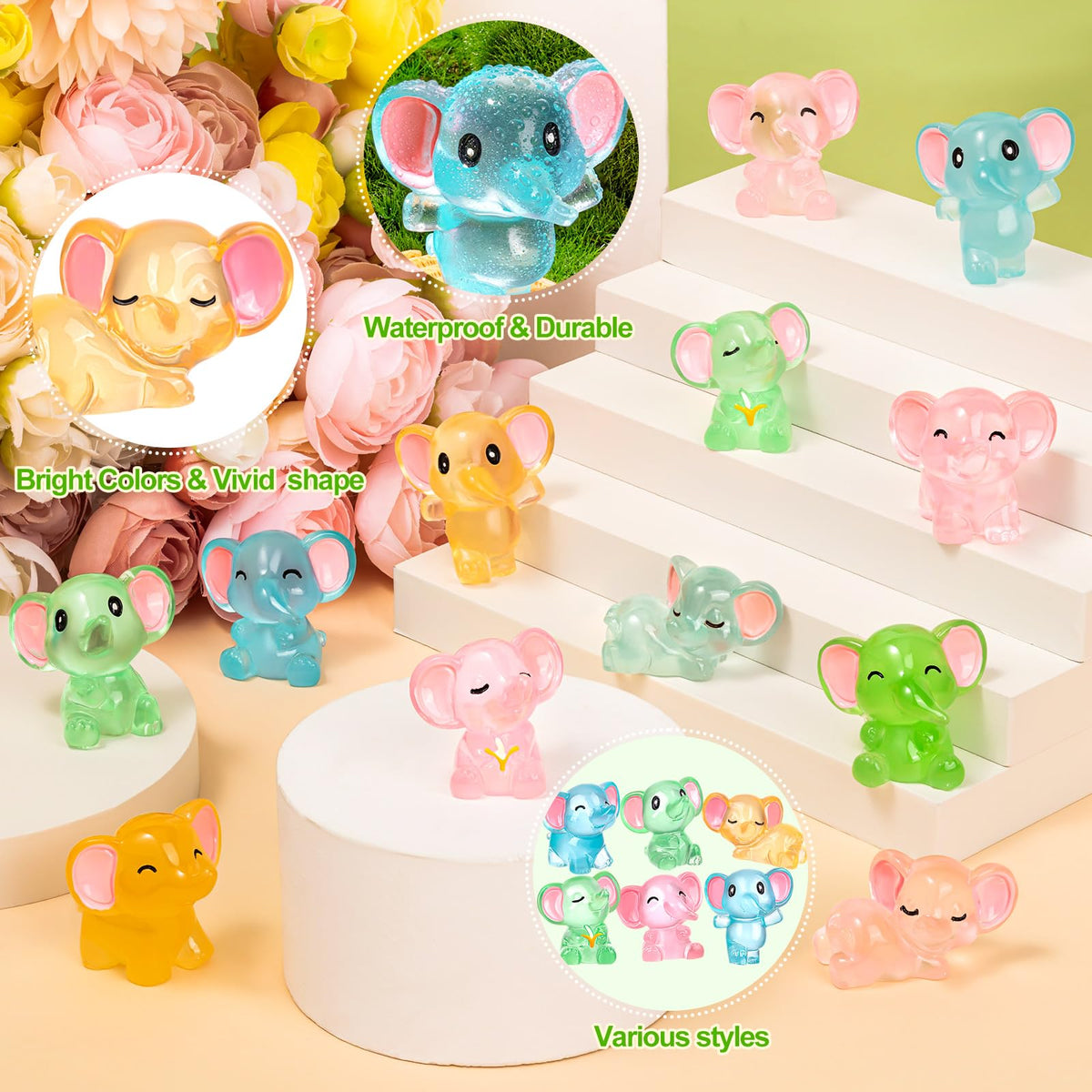GDZRDFLH mini resin elephant figures designed for terrariums and fairy garden displays.