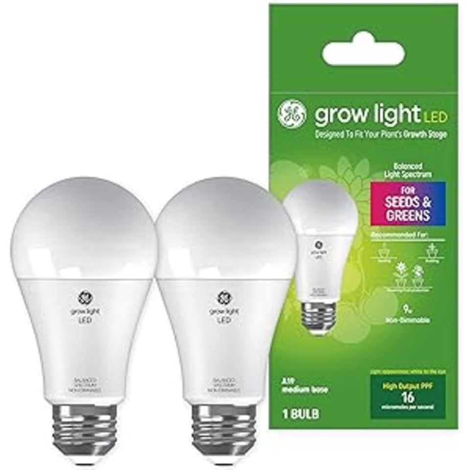 GE Grow LED light bulb with balanced spectrum for seeds and greens, promoting steady indoor growth