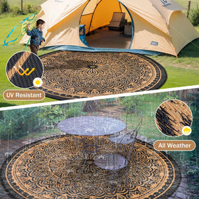 Geanlod round deck rug creates cozy outdoor spaces.
