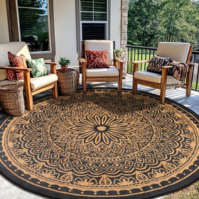 Geanlod round outdoor rug 8ft offers soft comfort on decks and grass.