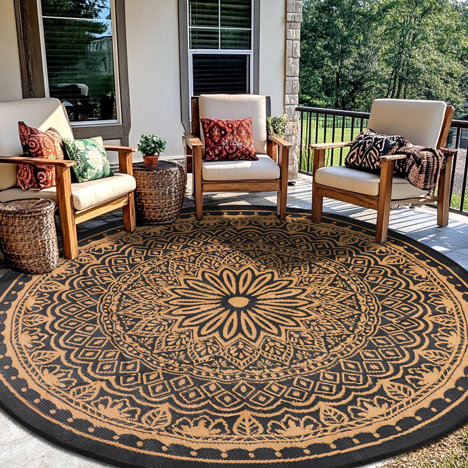 Geanlod round outdoor rug 8ft offers soft comfort on decks and grass.