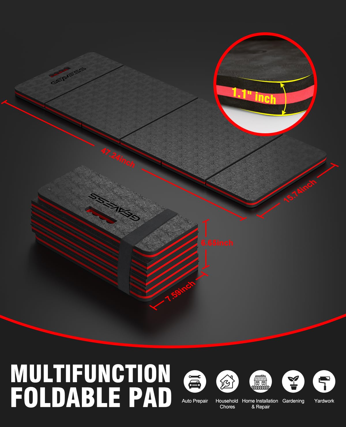 GEAVESS kneeling pad with elastic strap stored compactly after folding.