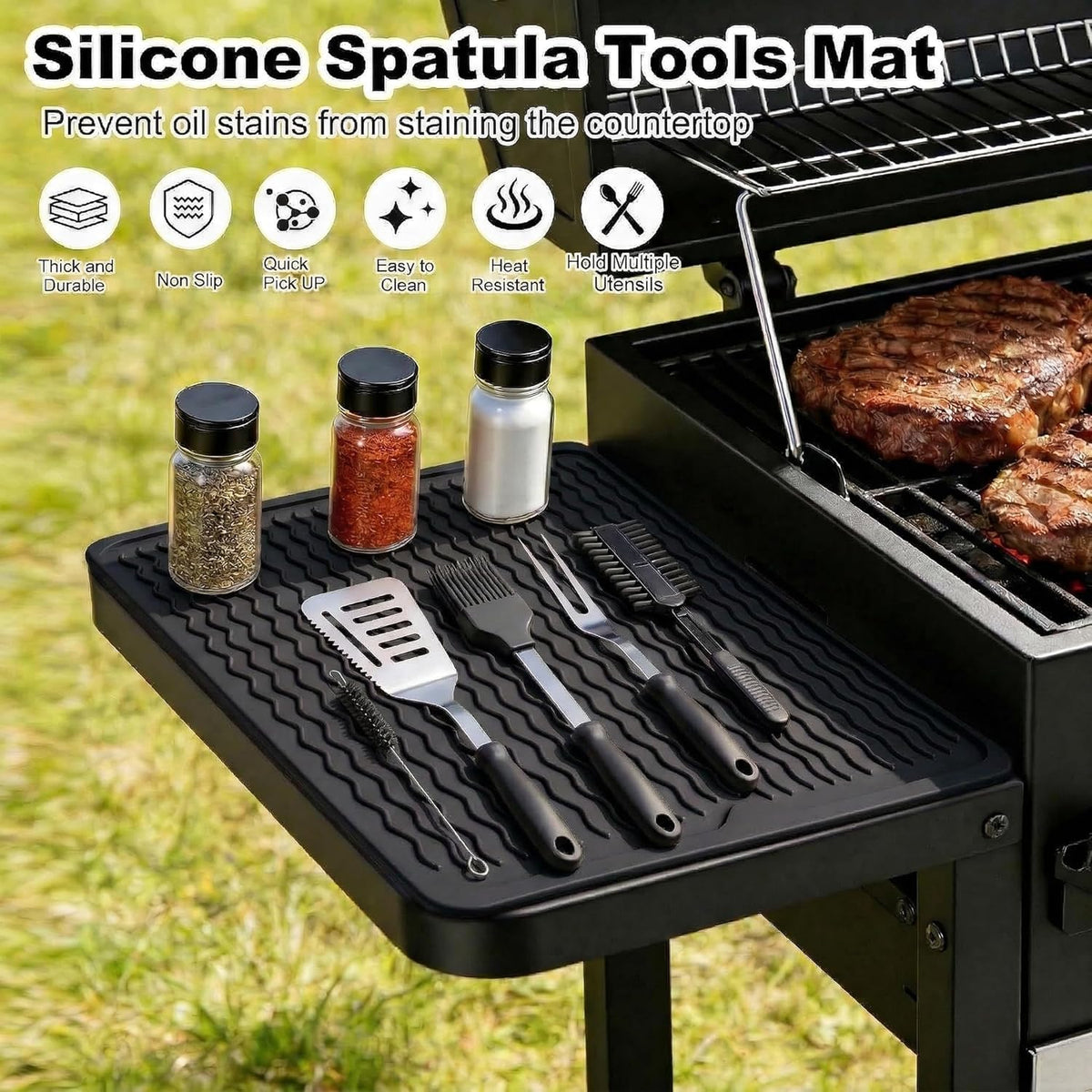 Geban multipurpose mat protects countertops and tools during outdoor cooking.
