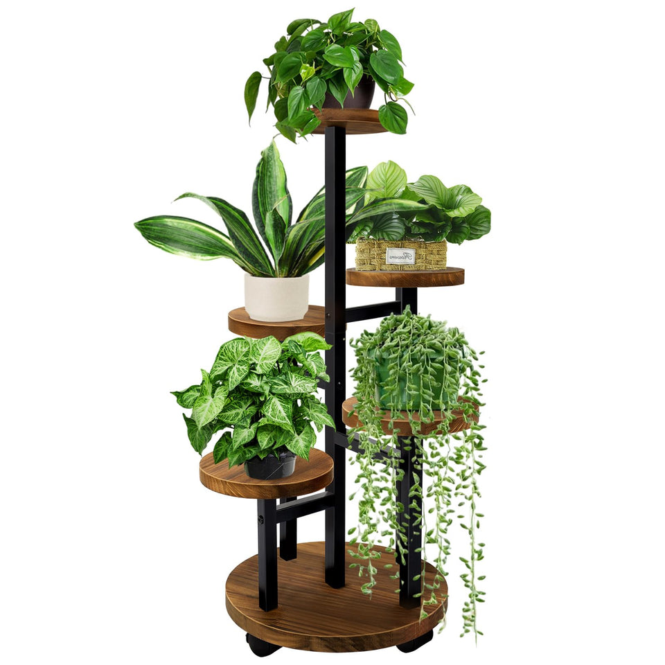 GEEBOBO 5-tier plant stand with wheels optimizes corner sunlight for indoor plants.