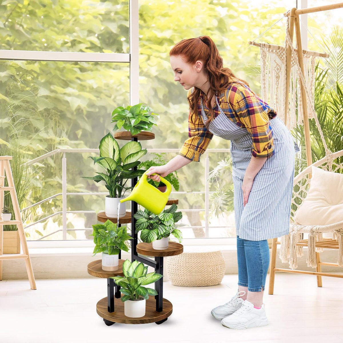 GEEBOBO wheel-enabled plant stand moves easily for seasonal redecorating.