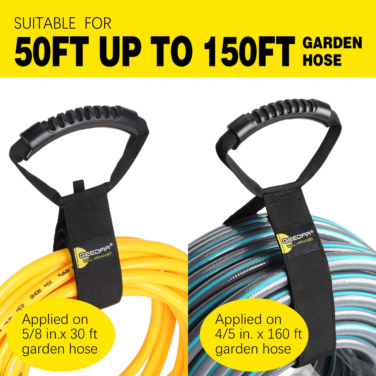 GEEDAR hose storage strap with adjustable length fits 50–150 ft hoses.