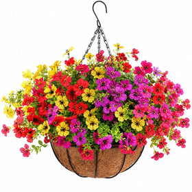 Geegoods artificial flowers outdoors in a hanging basket for year-round color