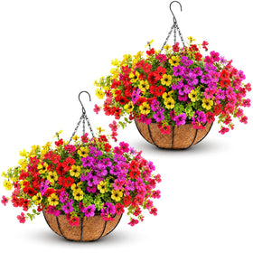 Geegoods two hanging baskets with lush faux flowers for patio decor.