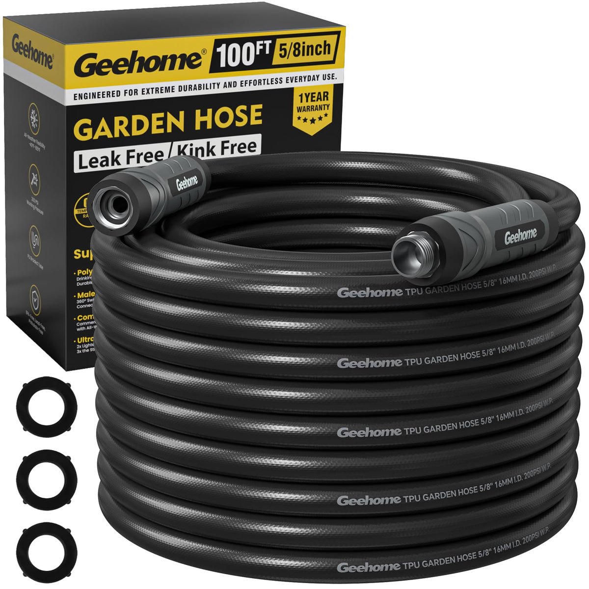 GeeHome 100ft hose coiled for easy storage and quick watering.
