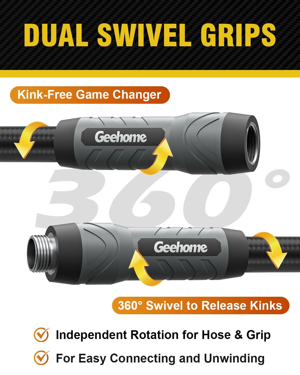 GeeHome swivel fittings at ends enable smooth, tangle-free connections.