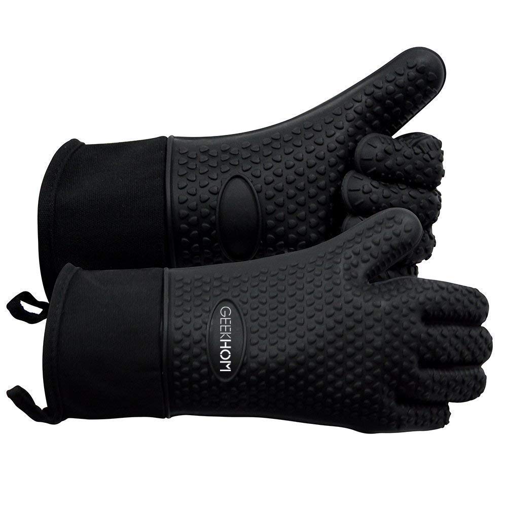 GEEKHOM BBQ Gloves heat resistant for safe handling of hot grills and pans.
