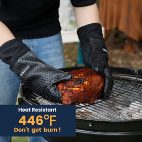 GEEKHOM BBQ Gloves long cuff protect wrists during high-heat grilling.