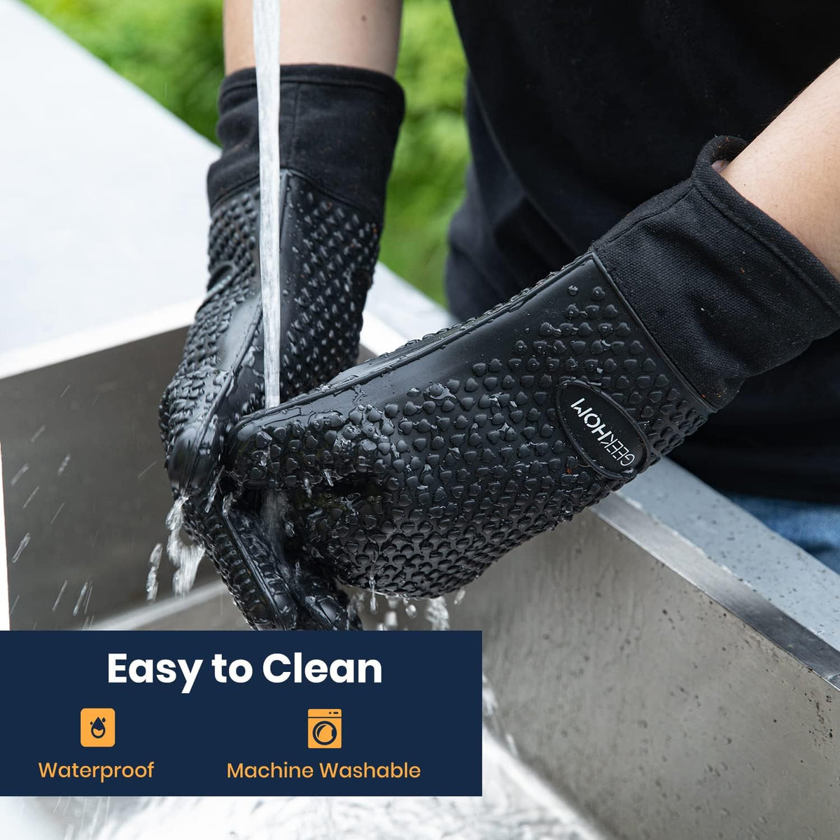 GEEKHOM BBQ Gloves universal fit with breathable cotton lining.