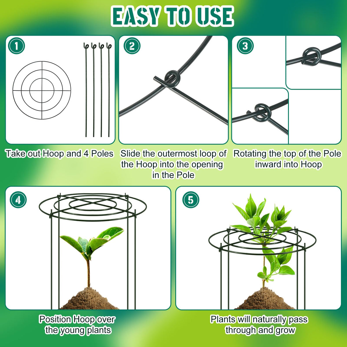 Geelin grow-through cages supporting tomatoes and roses in an outdoor garden.