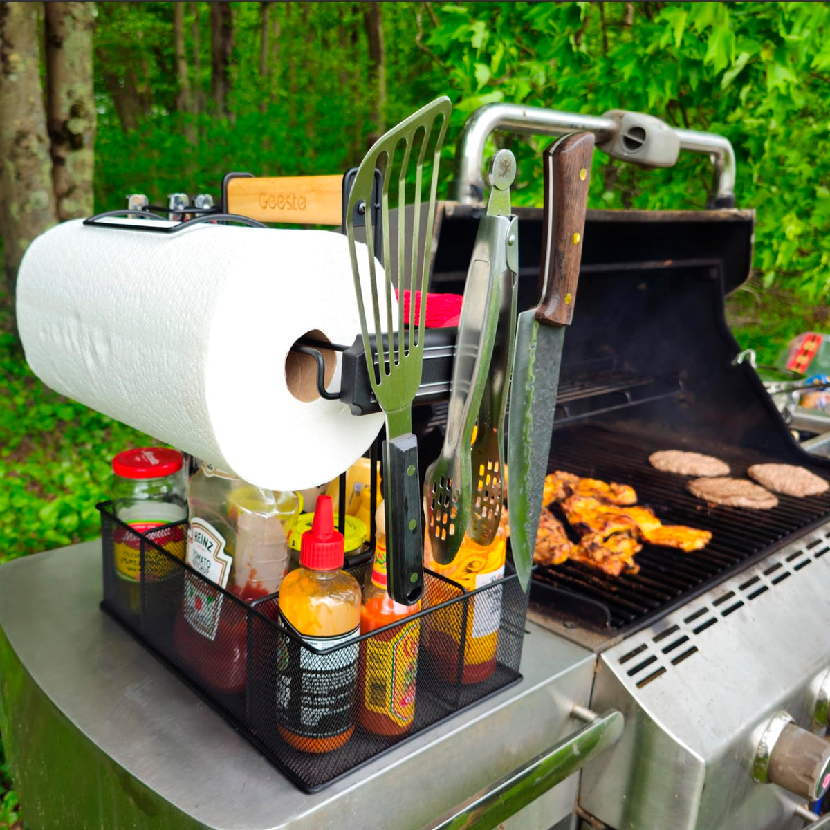 Geesta Grill Caddy stores utensils, foil, and rag storage in one unit
