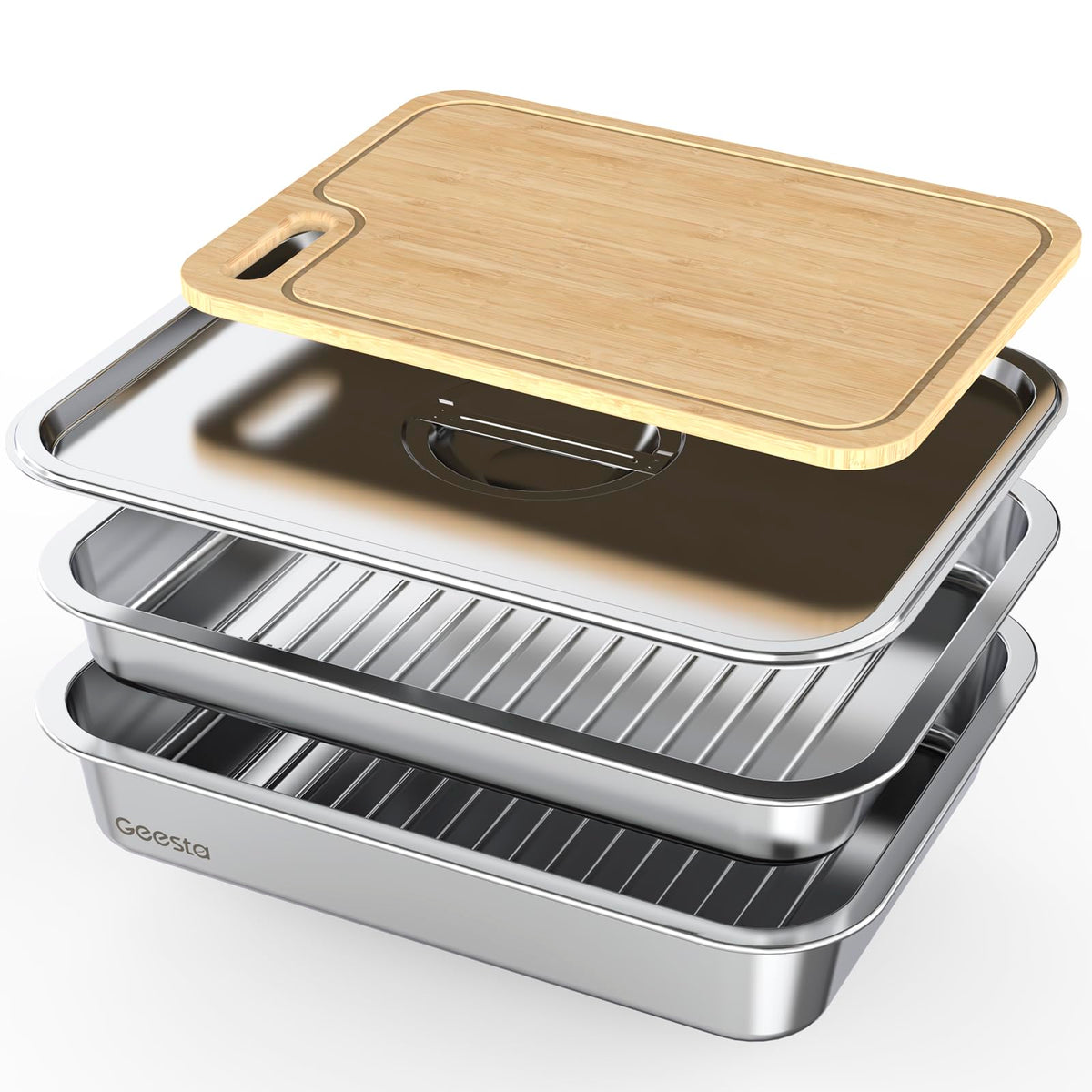 Geesta grilling prep tray set deep tray for marinating raw meat.