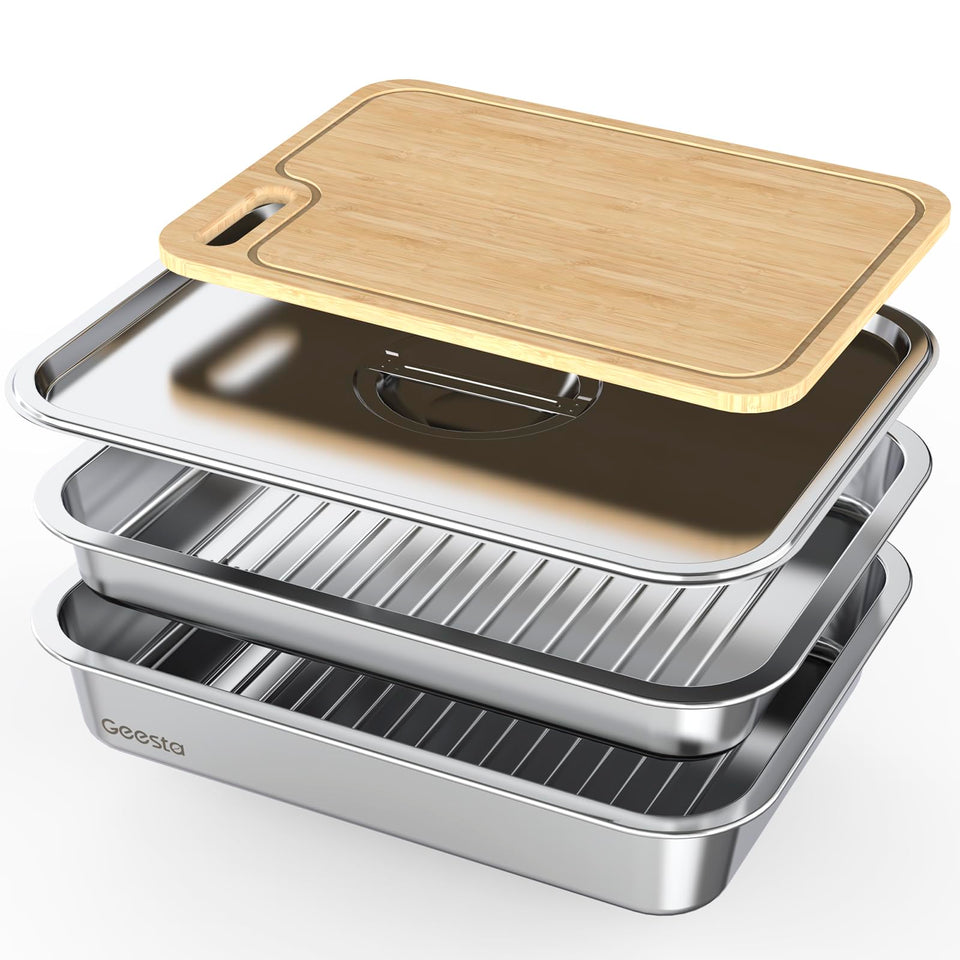 Geesta grilling prep tray set deep tray for marinating raw meat.