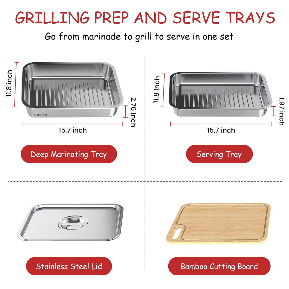 Geesta grilling prep tray set shallow tray for cooked items.