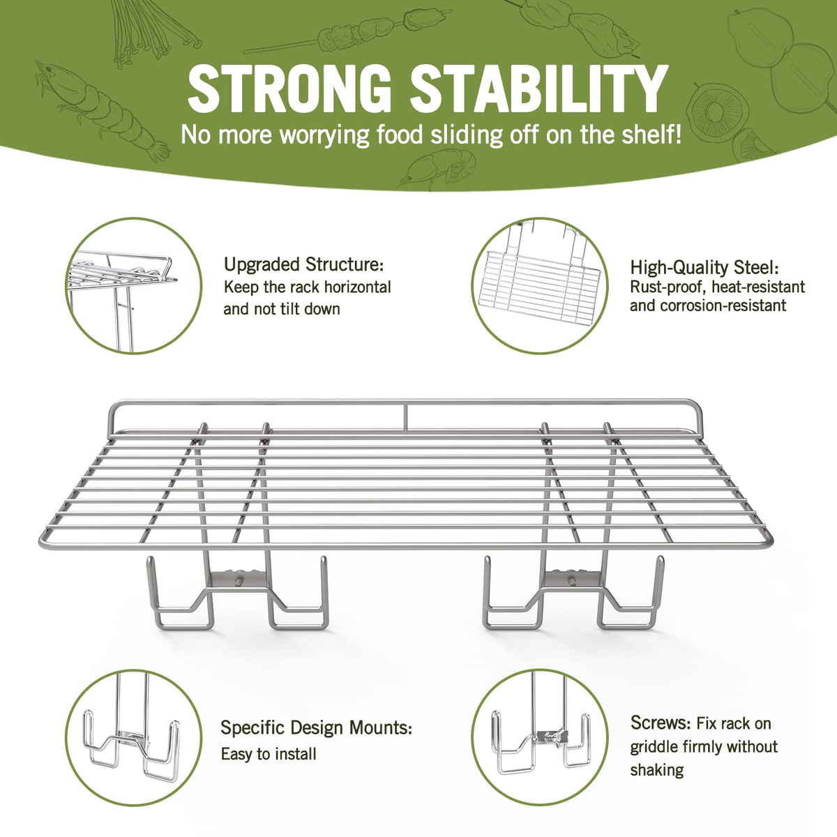 Geesta warming rack attached to 17/22/28/36 inch griddles for reliable compatibility.
