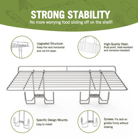 Geesta warming rack attached to 17/22/28/36 inch griddles for reliable compatibility.