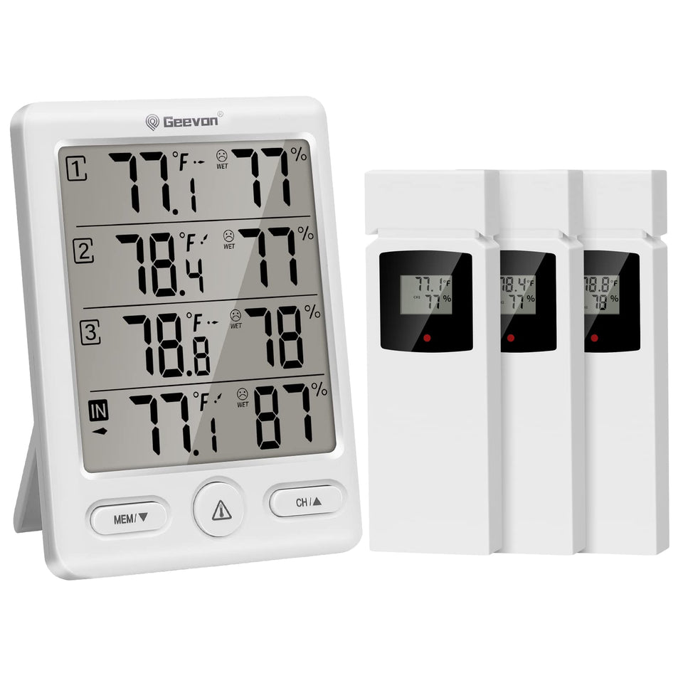 Geevon base station with large LCD displaying indoor/outdoor readings and trends