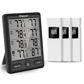 Geevon indoor/outdoor thermometer display showing real-time readings for multiple zones