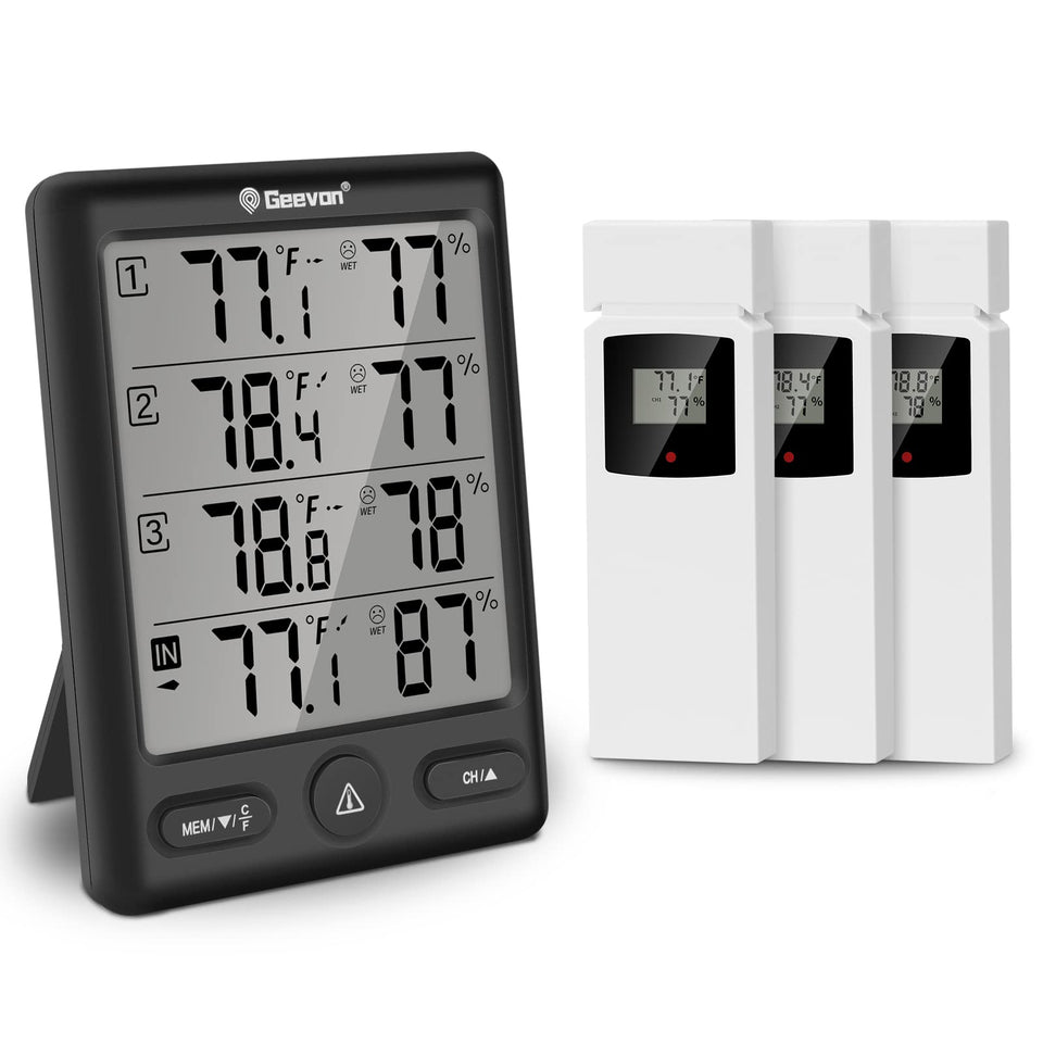 Geevon indoor/outdoor thermometer display showing real-time readings for multiple zones