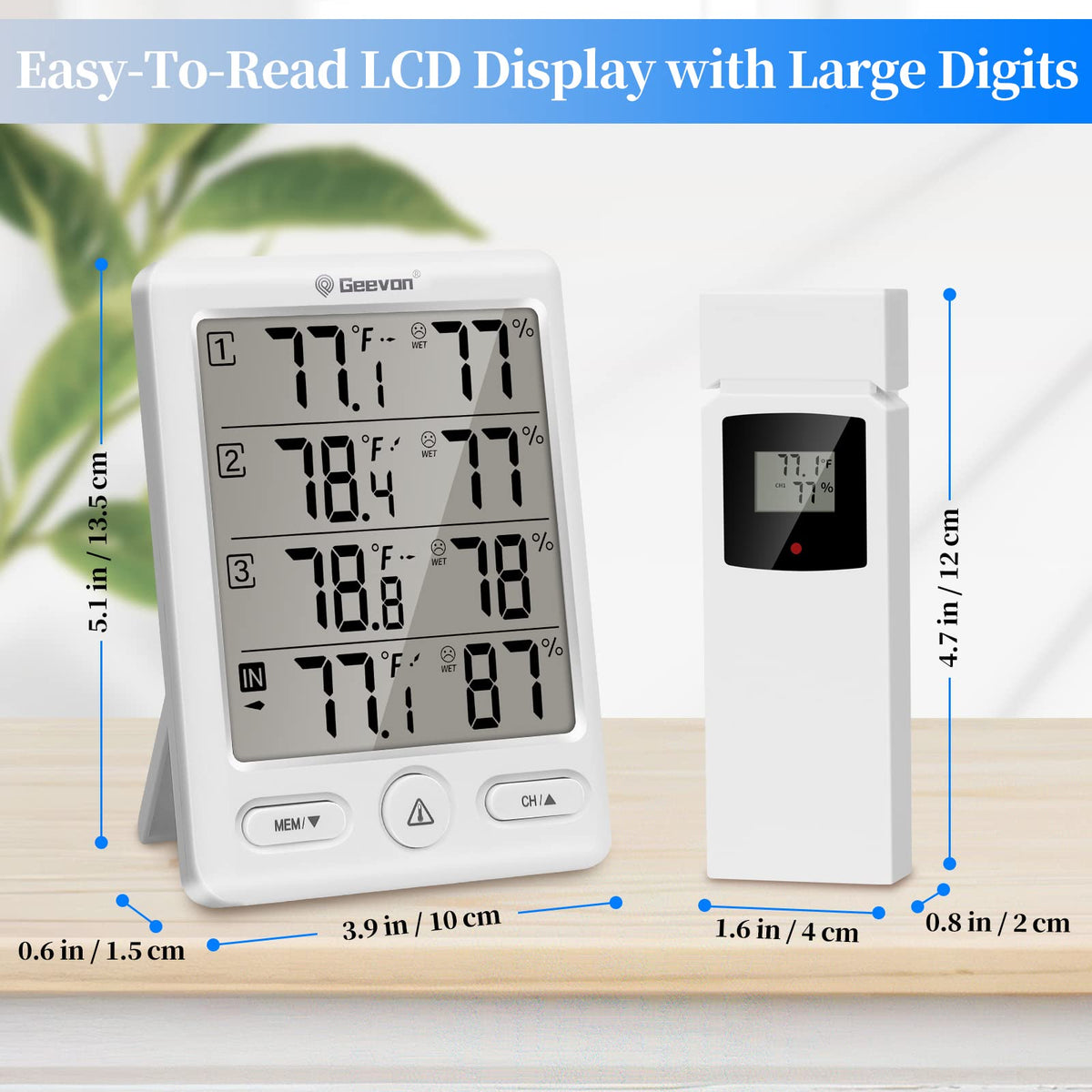 Geevon large LCD display clearly presents temperature, humidity, and trends