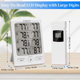 Geevon large LCD display clearly presents temperature, humidity, and trends