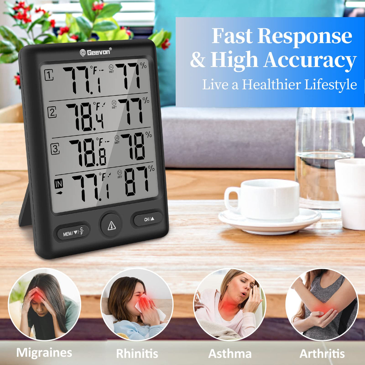 Geevon thermometer displays wide indoor and outdoor temperature and humidity ranges