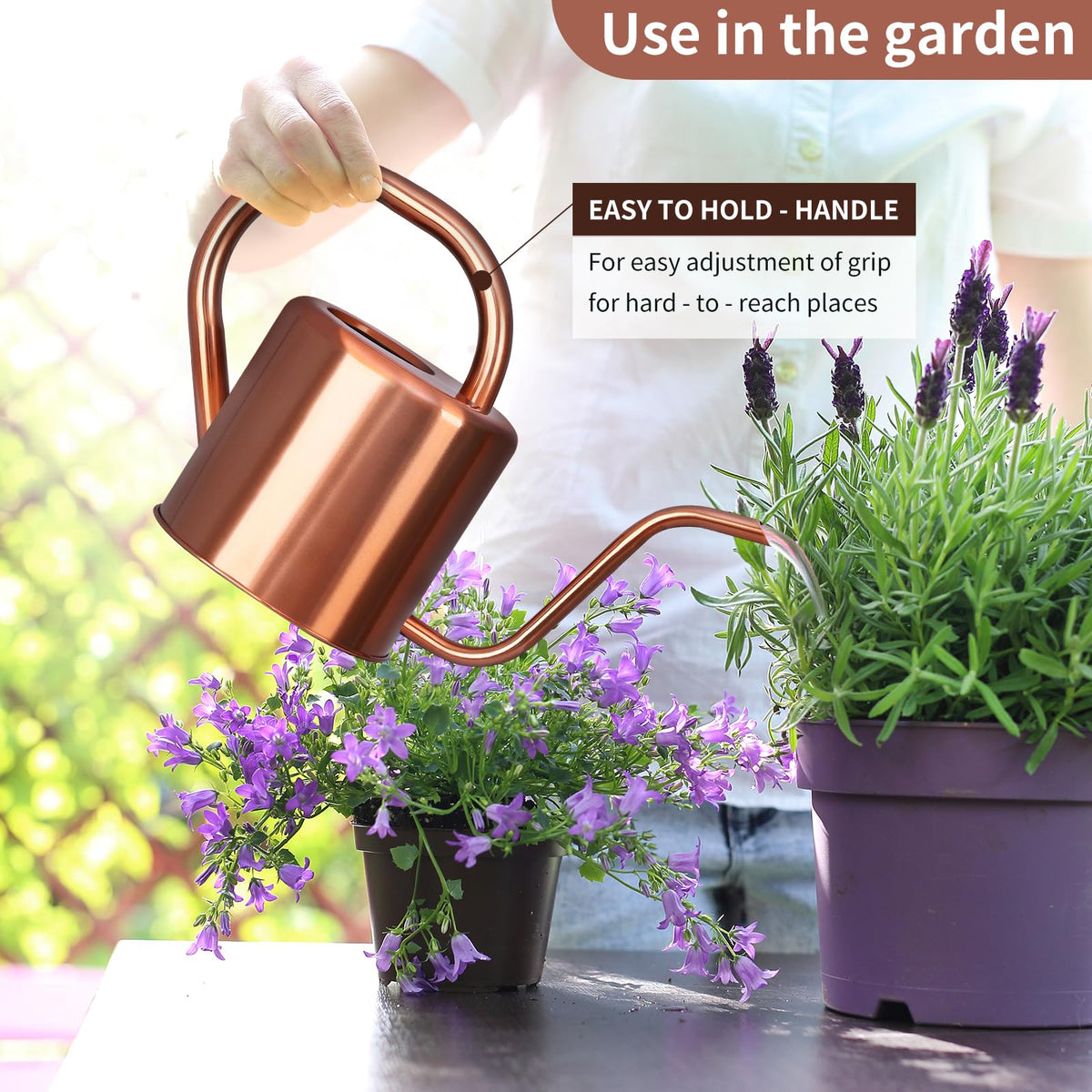Gegemaoyi long-spout watering can reaching deep into soil for precise watering.