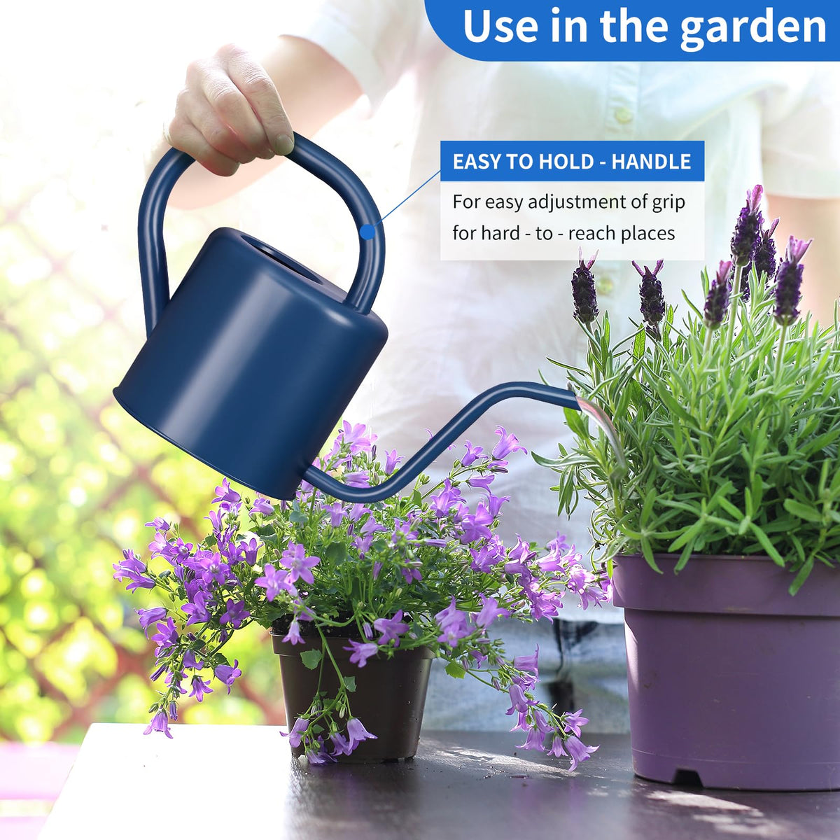 Gegemaoyi watering can highlights durable stainless steel for rust-proof outdoor use.