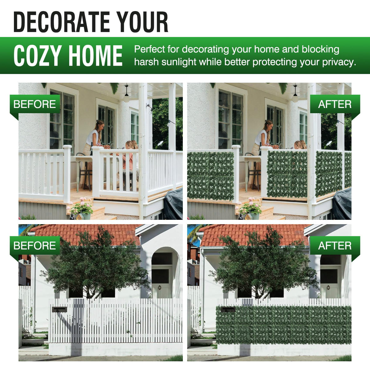 GEIGUIWA artificial ivy fence panel 6 withstands sun without wilting for outdoor use.
