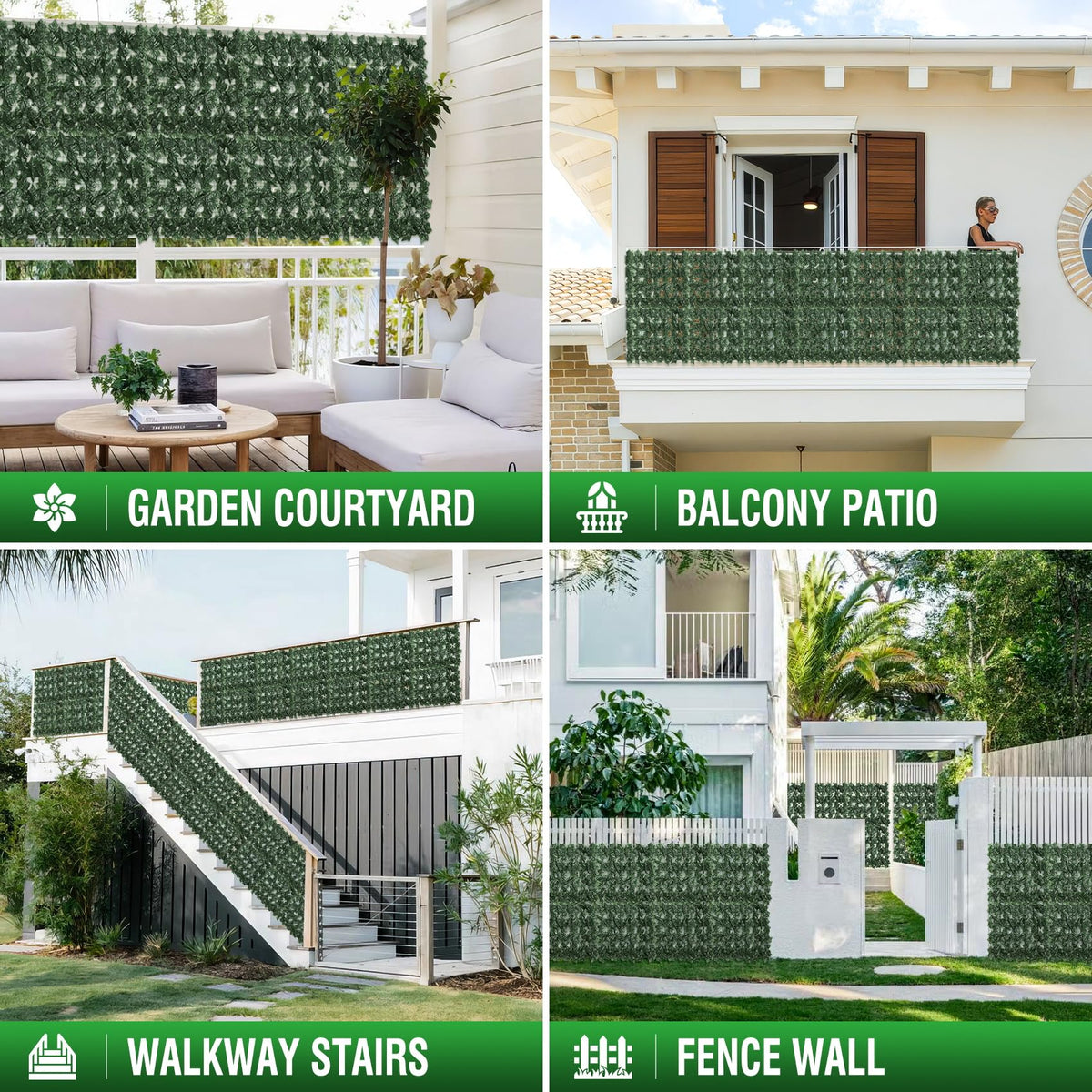 GEIGUIWA artificial ivy fence panel 7 complements patios with a vibrant, spring-like backdrop.