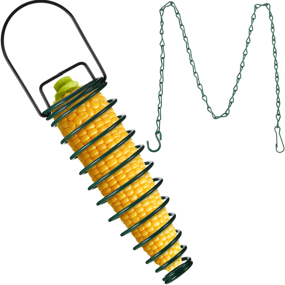Geiserailie corn cob holder with extension chain attracts backyard birds.