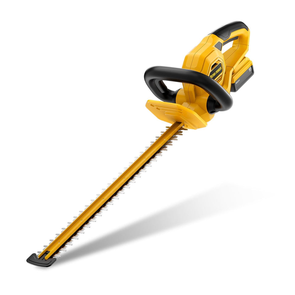 Gelidalite 22-inch hedge trimmer blade showing pro-grade cut capability for thick hedges.